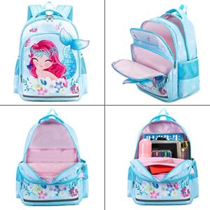 LEDAOU Kids Preschool Backpack Girls Kindergarten BookBag Primary Waterproof Galaxy School Bag 7 Pockets with Chest Strap (Mermaid Sky Blue)