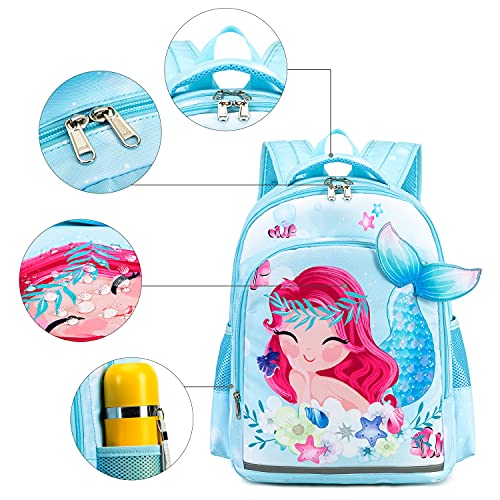 LEDAOU Kids Preschool Backpack Girls Kindergarten BookBag Primary Waterproof Galaxy School Bag 7 Pockets with Chest Strap (Mermaid Sky Blue)