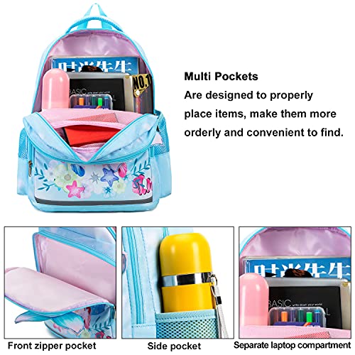 LEDAOU Kids Preschool Backpack Girls Kindergarten BookBag Primary Waterproof Galaxy School Bag 7 Pockets with Chest Strap (Mermaid Sky Blue)