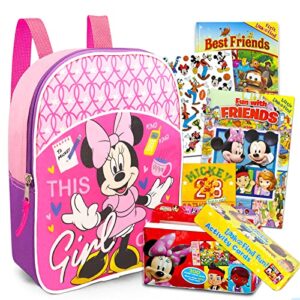 Minnie Mouse Mini Backpack for Girls - Bundle with 11 Inch Minnie Backpack, Disney Look and Find Activity Cards Tin Lunch Box with 2 Disney Hidden Pictures Board Booklets