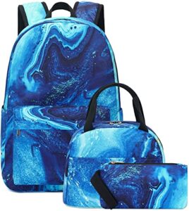 school backpack teens boys girls cute bookbag schoolbag fit 15inch laptop insulated lunch bag for elementary kids travel daypack (marble 41-blue)