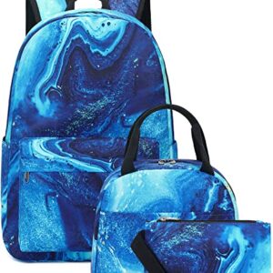 School Backpack Teens Boys Girls Cute Bookbag Schoolbag fit 15inch Laptop Insulated Lunch Bag for Elementary Kids Travel Daypack (Marble 41-Blue)