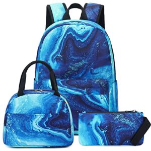 School Backpack Teens Boys Girls Cute Bookbag Schoolbag fit 15inch Laptop Insulated Lunch Bag for Elementary Kids Travel Daypack (Marble 41-Blue)