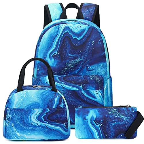 School Backpack Teens Boys Girls Cute Bookbag Schoolbag fit 15inch Laptop Insulated Lunch Bag for Elementary Kids Travel Daypack (Marble 41-Blue)