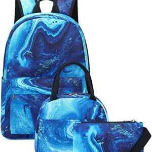 School Backpack Teens Boys Girls Cute Bookbag Schoolbag fit 15inch Laptop Insulated Lunch Bag for Elementary Kids Travel Daypack (Marble 41-Blue)