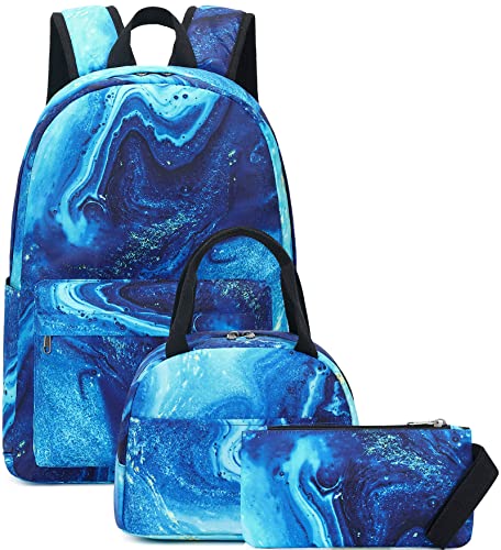 School Backpack Teens Boys Girls Cute Bookbag Schoolbag fit 15inch Laptop Insulated Lunch Bag for Elementary Kids Travel Daypack (Marble 41-Blue)