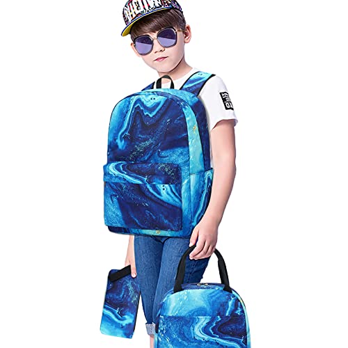 School Backpack Teens Boys Girls Cute Bookbag Schoolbag fit 15inch Laptop Insulated Lunch Bag for Elementary Kids Travel Daypack (Marble 41-Blue)