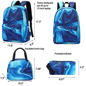 School Backpack Teens Boys Girls Cute Bookbag Schoolbag fit 15inch Laptop Insulated Lunch Bag for Elementary Kids Travel Daypack (Marble 41-Blue)