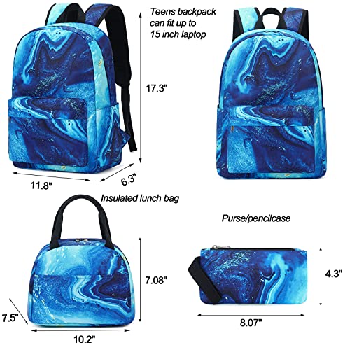 School Backpack Teens Boys Girls Cute Bookbag Schoolbag fit 15inch Laptop Insulated Lunch Bag for Elementary Kids Travel Daypack (Marble 41-Blue)