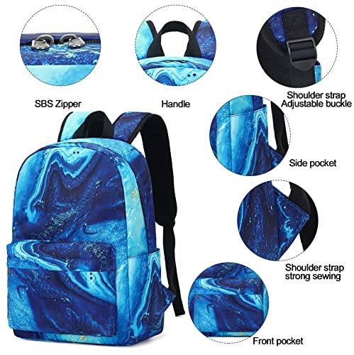 School Backpack Teens Boys Girls Cute Bookbag Schoolbag fit 15inch Laptop Insulated Lunch Bag for Elementary Kids Travel Daypack (Marble 41-Blue)