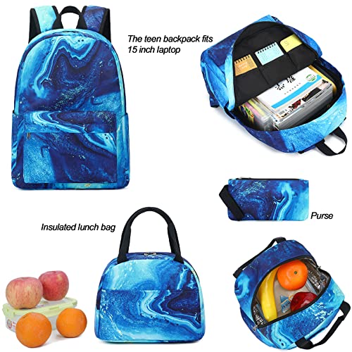 School Backpack Teens Boys Girls Cute Bookbag Schoolbag fit 15inch Laptop Insulated Lunch Bag for Elementary Kids Travel Daypack (Marble 41-Blue)