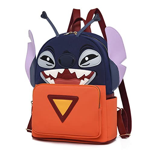 FENGJINRUHUA Cute Stitch School Bag Big Ear Boy Girl Cartoon School Travel Backpack (Blue orange medium)