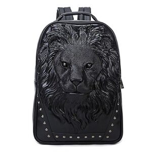 3d animal head backpack, studded pu leather cool laptop backpack college bookbag (lion-black) one size