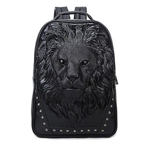 3D Animal Head Backpack, Studded PU Leather Cool Laptop Backpack College Bookbag (Lion-Black) One Size