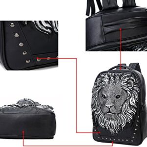 3D Animal Head Backpack, Studded PU Leather Cool Laptop Backpack College Bookbag (Lion-Black) One Size