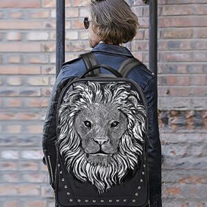 3D Animal Head Backpack, Studded PU Leather Cool Laptop Backpack College Bookbag (Lion-Black) One Size