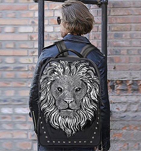 3D Animal Head Backpack, Studded PU Leather Cool Laptop Backpack College Bookbag (Lion-Black) One Size