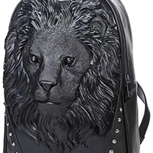 3D Animal Head Backpack, Studded PU Leather Cool Laptop Backpack College Bookbag (Lion-Black) One Size