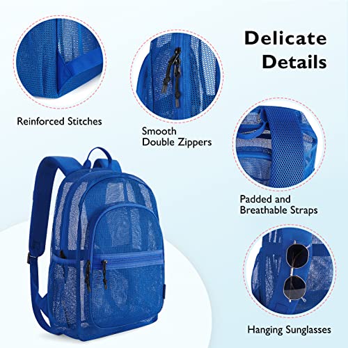 mommore Mesh Backpack with Pencil Bag for School Heavy Duty Mesh Bookbag with Reinforced Padded Straps See Through Backpack for Diving, Working, Travelling, Beach, Gym, Blue