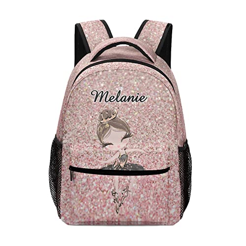 MakeUnique Ballerina Rose Gold Glitter Personalized School Backpack Students Schoolbag Elementary Bookbags with Name Casual Travel Daypacks for Kids Teens Boys Girls Gift 12.2 x 5.9 x 16.5 inch