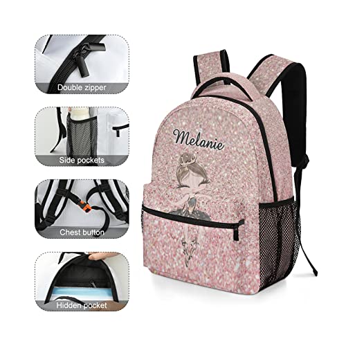 MakeUnique Ballerina Rose Gold Glitter Personalized School Backpack Students Schoolbag Elementary Bookbags with Name Casual Travel Daypacks for Kids Teens Boys Girls Gift 12.2 x 5.9 x 16.5 inch
