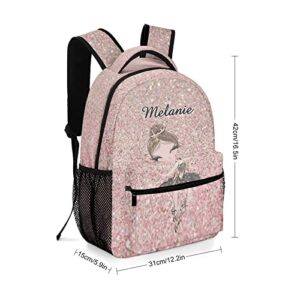 MakeUnique Ballerina Rose Gold Glitter Personalized School Backpack Students Schoolbag Elementary Bookbags with Name Casual Travel Daypacks for Kids Teens Boys Girls Gift 12.2 x 5.9 x 16.5 inch