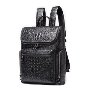 premium leather 14 inch laptop backpack large capacity daypack for travel hiking camping, crocodile embossed black