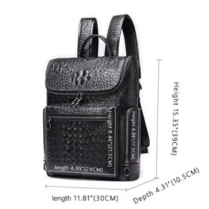 Premium Leather 14 Inch Laptop Backpack Large Capacity Daypack for Travel Hiking Camping, Crocodile Embossed Black