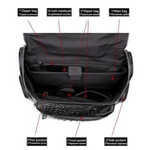 Premium Leather 14 Inch Laptop Backpack Large Capacity Daypack for Travel Hiking Camping, Crocodile Embossed Black