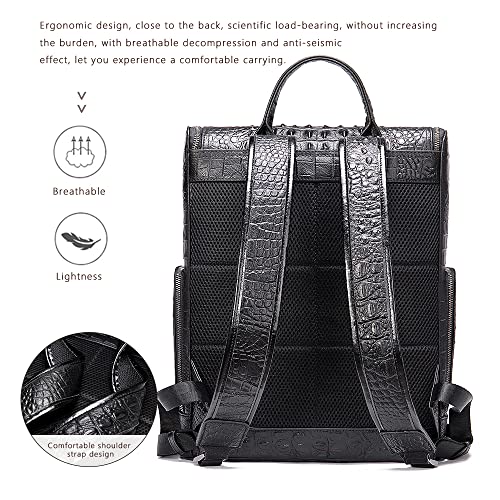 Premium Leather 14 Inch Laptop Backpack Large Capacity Daypack for Travel Hiking Camping, Crocodile Embossed Black