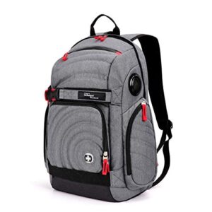 swiss digital xavie heather grey men’s urban commuter bluetooth speaker gaming backpack, rfid protection, fits laptops up to 15.6″, tsg4h152