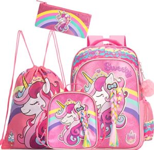 meetbelify unicorn backpack for girls school backpacks kids cute bookbag with lunch box,drawstring bag for elementary preschool students 5 in 1 pink backpack set
