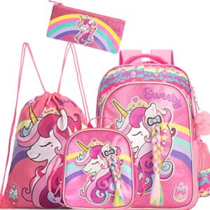 Meetbelify Unicorn Backpack for Girls School Backpacks Kids Cute Bookbag with Lunch Box,Drawstring Bag for Elementary Preschool Students 5 in 1 Pink Backpack Set