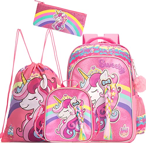 Meetbelify Unicorn Backpack for Girls School Backpacks Kids Cute Bookbag with Lunch Box,Drawstring Bag for Elementary Preschool Students 5 in 1 Pink Backpack Set