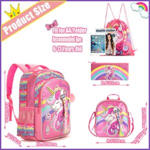 Meetbelify Unicorn Backpack for Girls School Backpacks Kids Cute Bookbag with Lunch Box,Drawstring Bag for Elementary Preschool Students 5 in 1 Pink Backpack Set