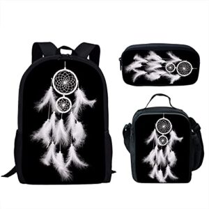 howilath 3 pcs dreamcatcher canvas daypack casual school bag for girls, kids 17 inch backpack set teen boys shoulder school bags insulated lunchbox with pencil case