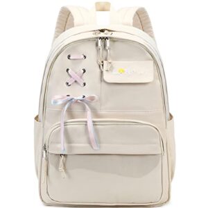 Lanola Teen Girl School Backpack Casual Hiking Daypack Bookbag Elementary Middle School Womens College Fashion Travel Backpack with Cute Ribbon for Girls Women - Beige