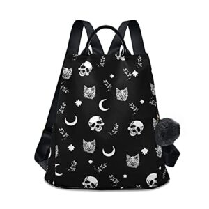 skull cat moon gothic backpack purse for women nylon anti-theft travel backpack lightweight shoulder bag with plush ball keychain