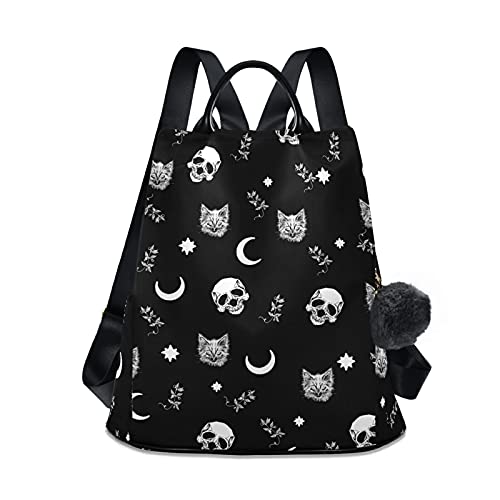 Skull Cat Moon Gothic Backpack Purse for Women Nylon Anti-theft Travel Backpack Lightweight Shoulder Bag with Plush Ball Keychain