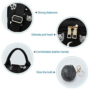 Skull Cat Moon Gothic Backpack Purse for Women Nylon Anti-theft Travel Backpack Lightweight Shoulder Bag with Plush Ball Keychain