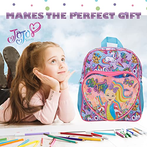 AI ACCESSORY INNOVATIONS Jojo Siwa Mini Backpack PURSE for Girls, Confetti Heart Shaped Pocket, Unicorn Print, 12” Bookbag w/Adjustable Straps