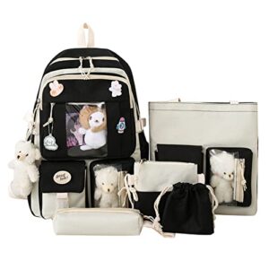 5pcs set kawaii canvas school backpack, cute kids backpack for girls 17in with badge, pendant, shoulder bag, pencil box, tote bag, small bag (black)