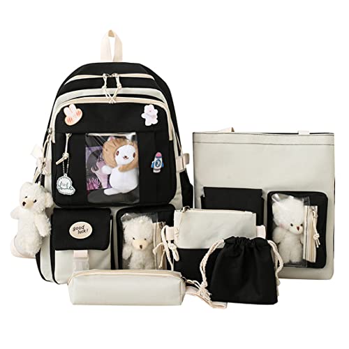 5Pcs Set Kawaii Canvas School Backpack, Cute Kids Backpack for Girls 17in with Badge, Pendant, Shoulder Bag, Pencil Box, Tote Bag, Small Bag (BLACK)