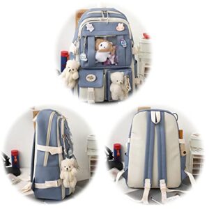 5Pcs Set Kawaii Canvas School Backpack, Cute Kids Backpack for Girls 17in with Badge, Pendant, Shoulder Bag, Pencil Box, Tote Bag, Small Bag (BLACK)