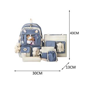 5Pcs Set Kawaii Canvas School Backpack, Cute Kids Backpack for Girls 17in with Badge, Pendant, Shoulder Bag, Pencil Box, Tote Bag, Small Bag (BLACK)