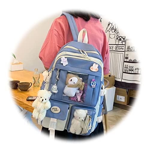 5Pcs Set Kawaii Canvas School Backpack, Cute Kids Backpack for Girls 17in with Badge, Pendant, Shoulder Bag, Pencil Box, Tote Bag, Small Bag (BLACK)