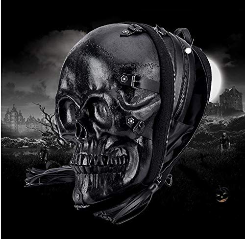 HANXIUCAO 3D Stereo Skull Backpack PU Backpack Waterproof Silicone Embossed Ghost Head Knapsack, Black, Medium