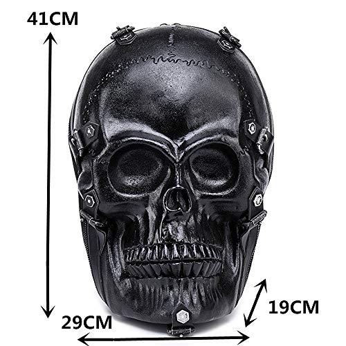 HANXIUCAO 3D Stereo Skull Backpack PU Backpack Waterproof Silicone Embossed Ghost Head Knapsack, Black, Medium