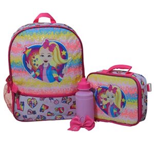 jojo siwa girls 4 piece backpack set, rainbow sequin school travel bag with front zip pocket, mesh side pockets, lunch box, water bottle, and jojo bow hair tie