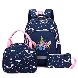 school backpack kids set middle elementary preschool kindergarten with lunch bag & pencil case bookbags for boys girls teen (unicorn-navy blue)